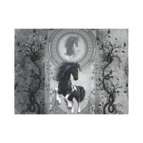 Awesome horse in black and white with flowers Cotton Linen Wall Tapestry 80"x 60"