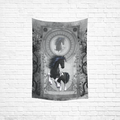 Awesome horse in black and white with flowers Cotton Linen Wall Tapestry 40"x 60"