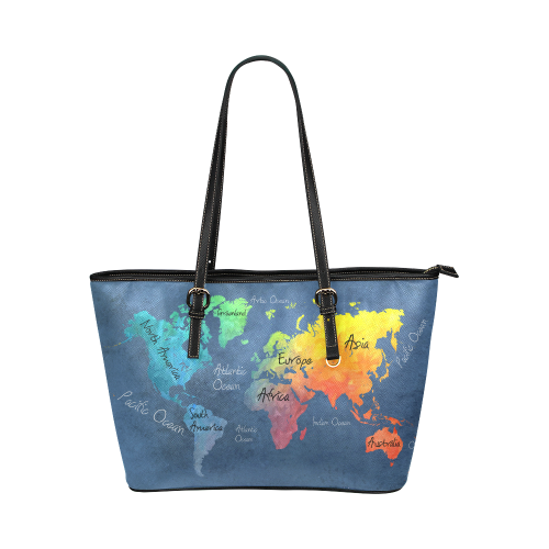 world map 30 Leather Tote Bag/Large (Model 1651)