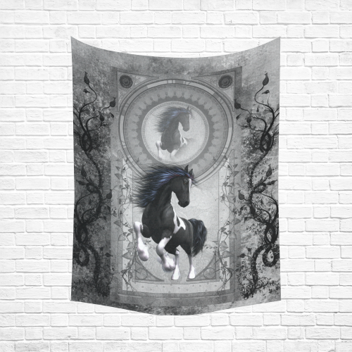 Awesome horse in black and white with flowers Cotton Linen Wall Tapestry 60"x 80"