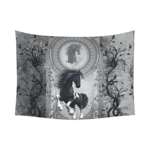 Awesome horse in black and white with flowers Cotton Linen Wall Tapestry 80"x 60"
