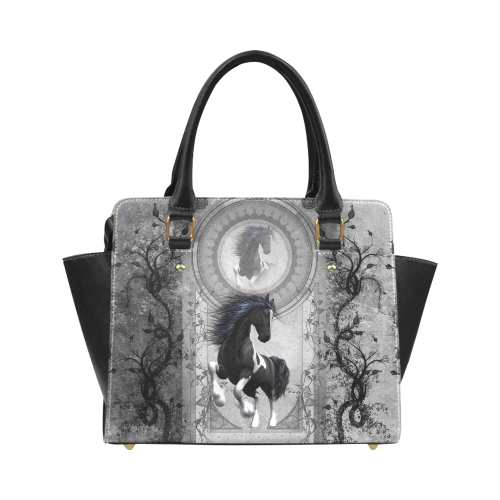 Awesome horse in black and white with flowers Classic Shoulder Handbag (Model 1653)