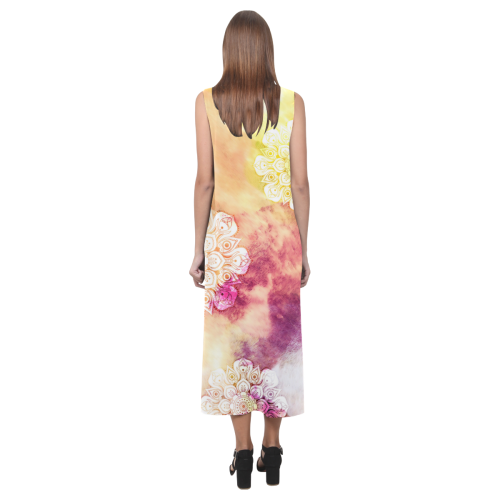 Watercolor LOTUS MANDALA Pattern - grunge style Phaedra Sleeveless Open Fork Long Dress (Model D08)