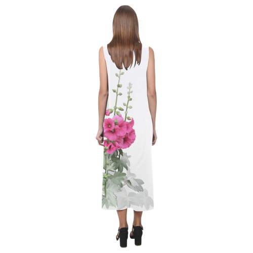 Pink Hollyhocks, watercolor Phaedra Sleeveless Open Fork Long Dress (Model D08)