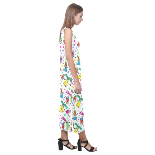 Multicolored HAPPY PEOPLE Line Drawing Phaedra Sleeveless Open Fork Long Dress (Model D08)