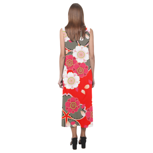 Red White Japanese Kimono Pattern Phaedra Sleeveless Open Fork Long Dress (Model D08)