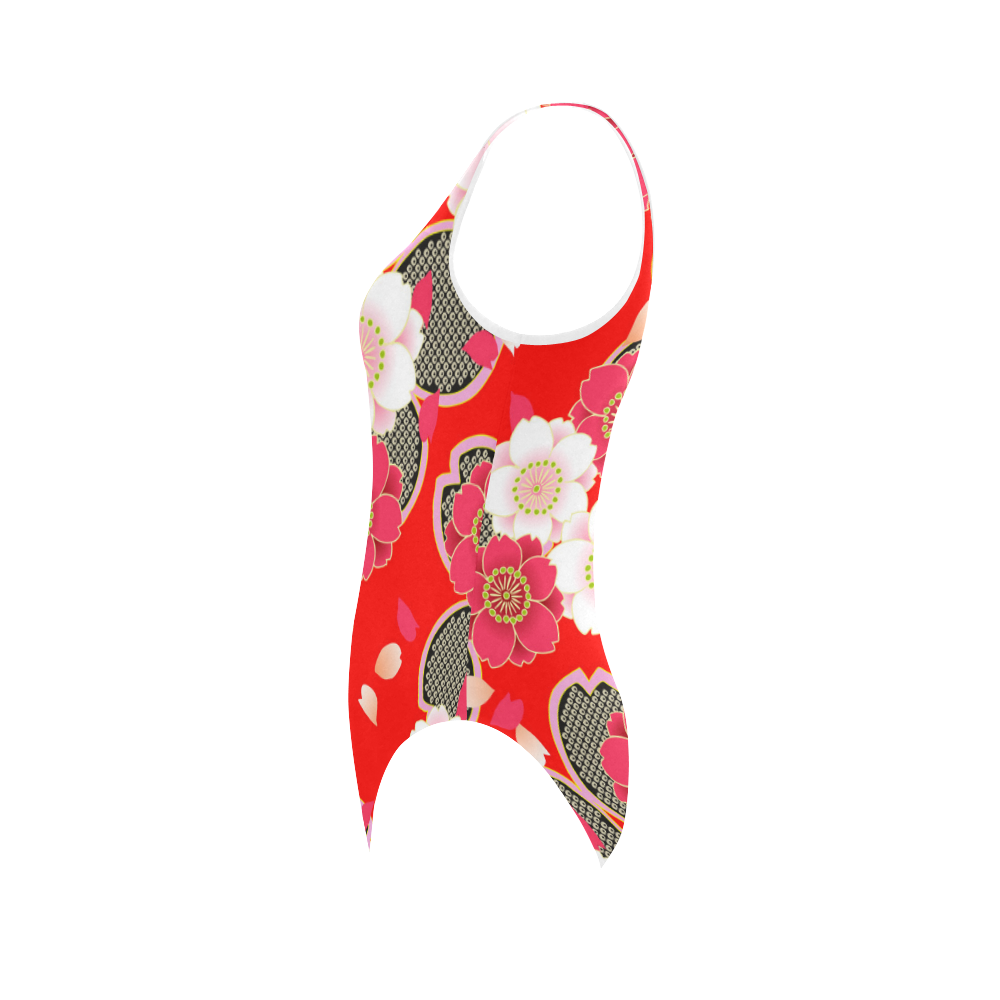 Red White Japanese Kimono Pattern Vest One Piece Swimsuit (Model S04