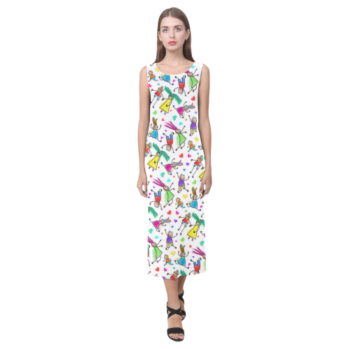 Multicolored HAPPY PEOPLE Line Drawing Phaedra Sleeveless Open Fork Long Dress (Model D08)