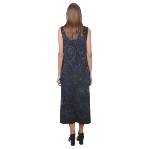 Ornamental blue on gray Phaedra Sleeveless Open Fork Long Dress (Model D08)