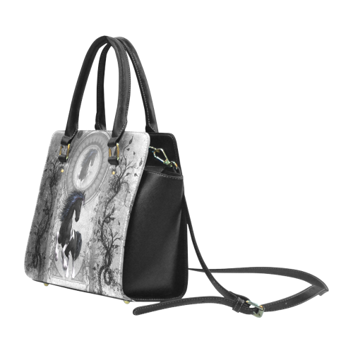 Awesome horse in black and white with flowers Classic Shoulder Handbag (Model 1653)