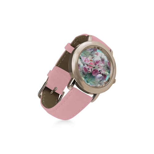 Pink Flowers Women's Rose Gold Leather Strap Watch(Model 201)