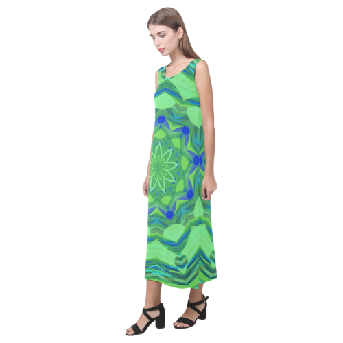 Green and Blue Angelfish Floral Phaedra Sleeveless Open Fork Long Dress (Model D08)