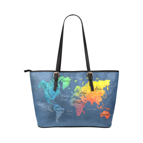 world map 30 Leather Tote Bag/Large (Model 1651)