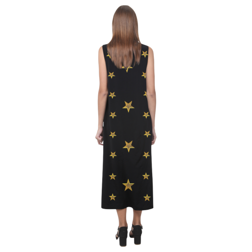 Twinkle Twinkle Little Star Gold Stars on Black Phaedra Sleeveless Open Fork Long Dress (Model D08)