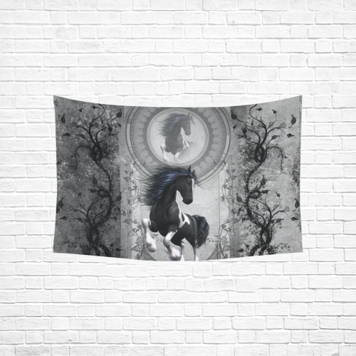 Awesome horse in black and white with flowers Cotton Linen Wall Tapestry 60"x 40"