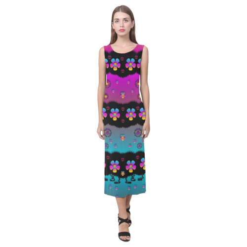 Rainbow  big flowers in peace for love and freedom Phaedra Sleeveless Open Fork Long Dress (Model D08)