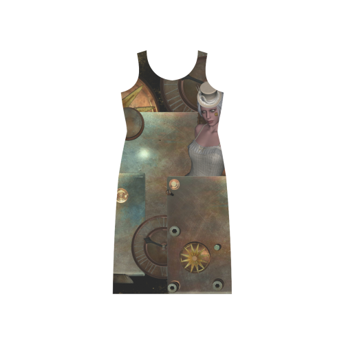 Steampunk, rusty metal and clocks and gears Phaedra Sleeveless Open Fork Long Dress (Model D08)