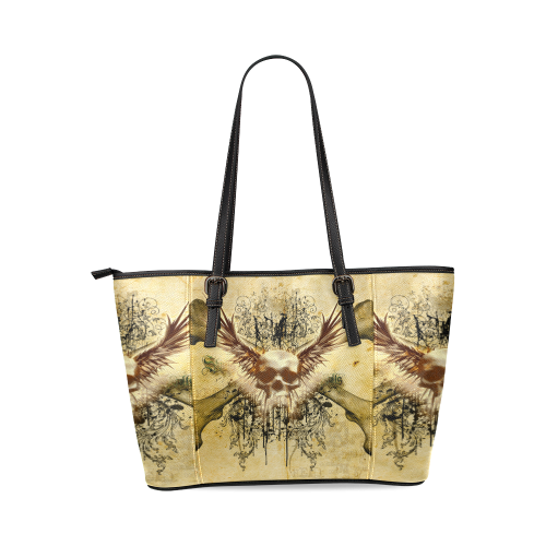 Amazing skull, wings and grunge Leather Tote Bag/Small (Model 1640)