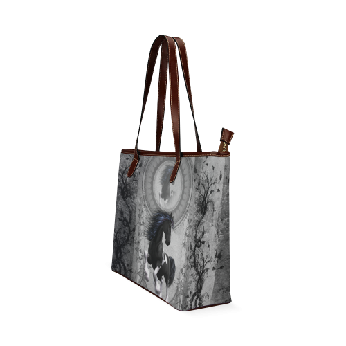 Awesome horse in black and white with flowers Shoulder Tote Bag (Model 1646)