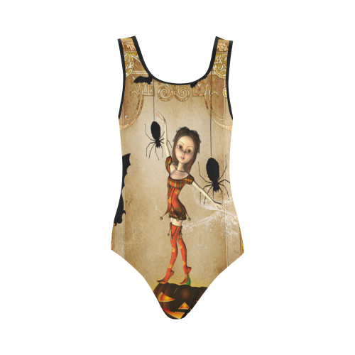 Halloween, cute girl with spiders and pumpkin Vest One Piece Swimsuit (Model S04)