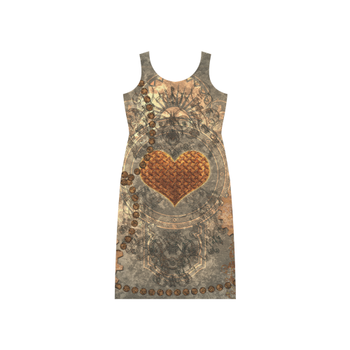 Steampuink, rusty heart with clocks and gears Phaedra Sleeveless Open Fork Long Dress (Model D08)