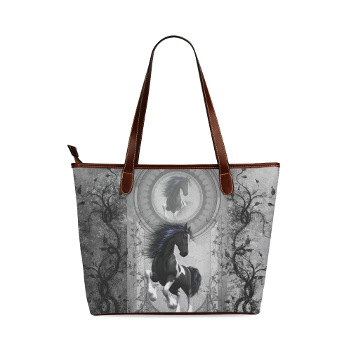 Awesome horse in black and white with flowers Shoulder Tote Bag (Model 1646)