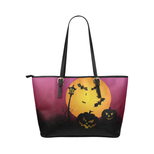 Spooky Halloween pumpkins and bats in pink Leather Tote Bag/Large (Model 1651)