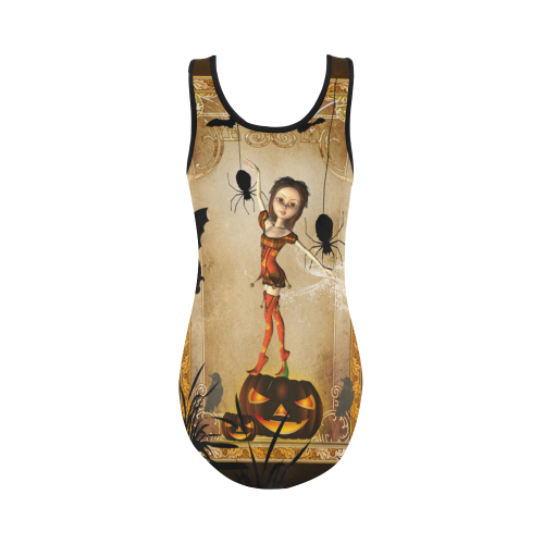 Halloween, cute girl with spiders and pumpkin Vest One Piece Swimsuit (Model S04)