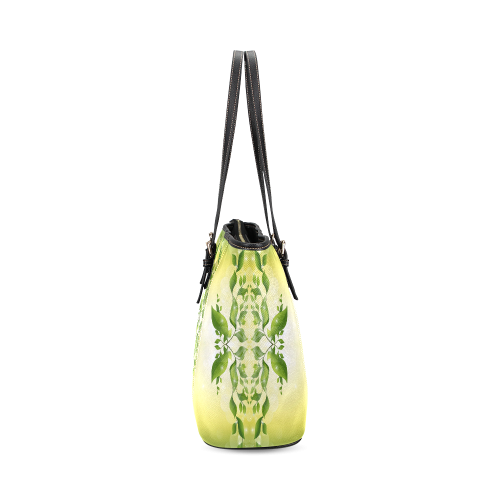 MAGIC LEAVES Kaleidoscope green yellow Leather Tote Bag/Large (Model 1640)