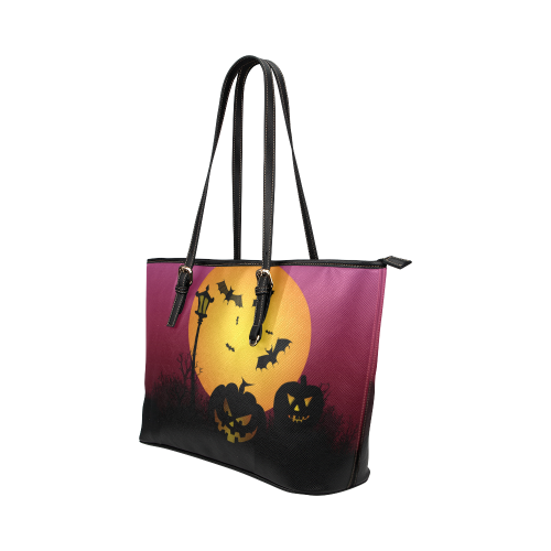 Spooky Halloween pumpkins and bats in pink Leather Tote Bag/Large (Model 1651)