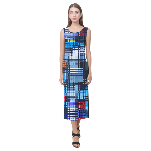 Mostly Blue Modern Abstract Phaedra Sleeveless Open Fork Long Dress (Model D08)