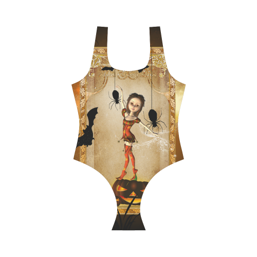 Halloween, cute girl with spiders and pumpkin Vest One Piece Swimsuit (Model S04)