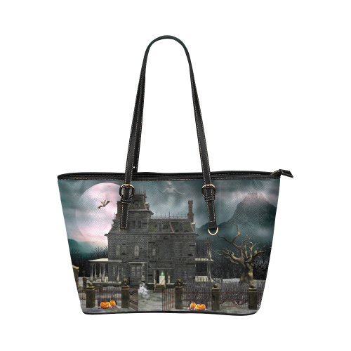 A creepy darkness halloween haunted house Leather Tote Bag/Large (Model 1651)