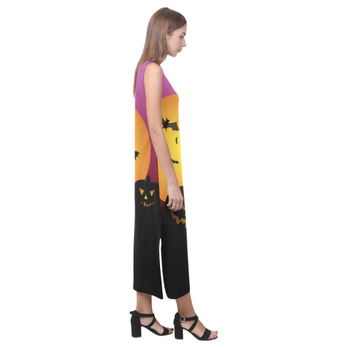 Spooky Halloween pumpkins and bats in pink Phaedra Sleeveless Open Fork Long Dress (Model D08)