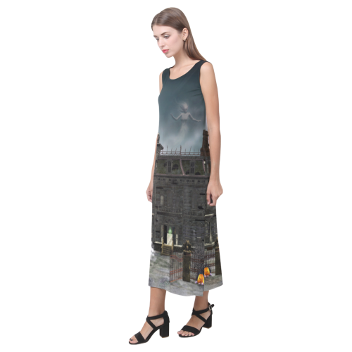 A creepy darkness halloween haunted house Phaedra Sleeveless Open Fork Long Dress (Model D08)