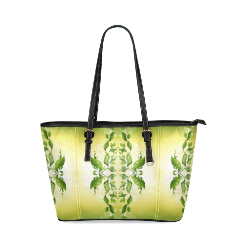 MAGIC LEAVES Kaleidoscope green yellow Leather Tote Bag/Large (Model 1640)