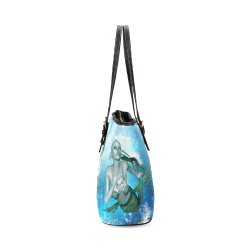 Wonderful mermaid in blue colors Leather Tote Bag/Large (Model 1640)