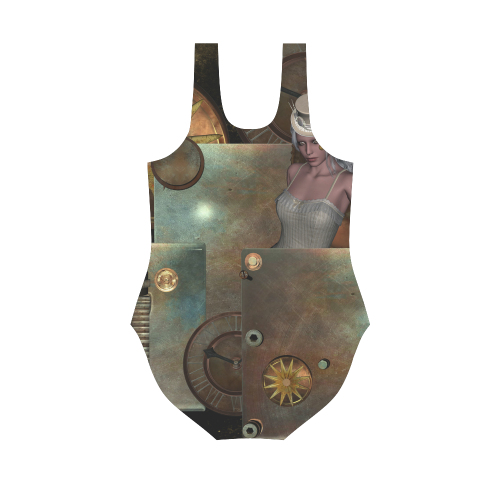 Steampunk, rusty metal and clocks and gears Vest One Piece Swimsuit (Model S04)