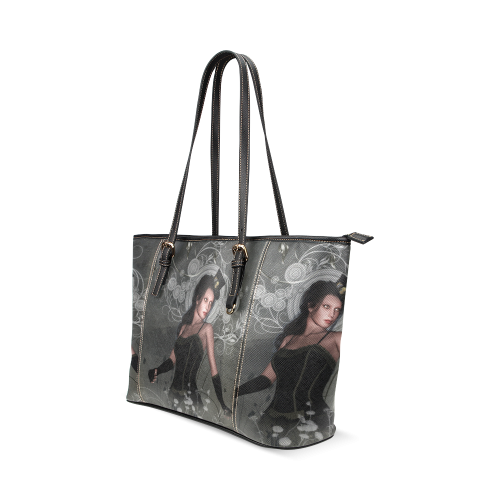 The dark lady with flowers, victorian Leather Tote Bag/Small (Model 1640)