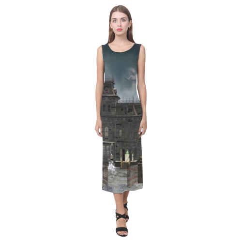 A creepy darkness halloween haunted house Phaedra Sleeveless Open Fork Long Dress (Model D08)