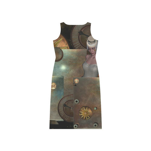 Steampunk, rusty metal and clocks and gears Phaedra Sleeveless Open Fork Long Dress (Model D08)