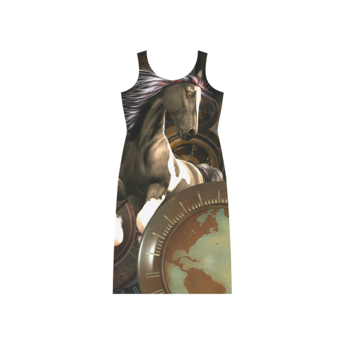 Steampunk, awesome horse with clocks and gears Phaedra Sleeveless Open Fork Long Dress (Model D08)