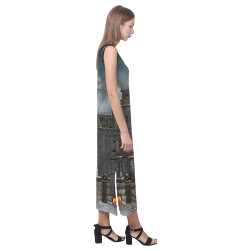 A creepy darkness halloween haunted house Phaedra Sleeveless Open Fork Long Dress (Model D08)