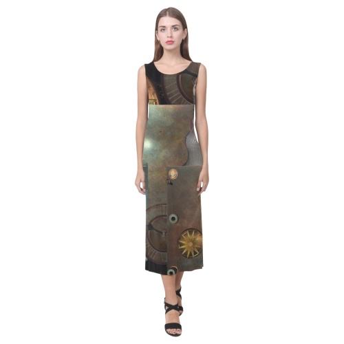 Steampunk, rusty metal and clocks and gears Phaedra Sleeveless Open Fork Long Dress (Model D08)