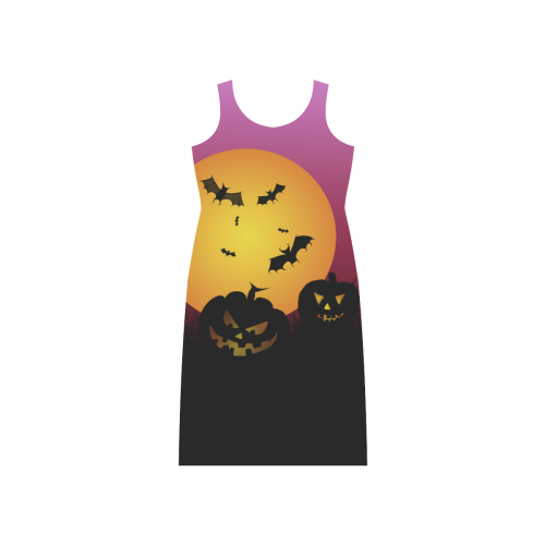 Spooky Halloween pumpkins and bats in pink Phaedra Sleeveless Open Fork Long Dress (Model D08)
