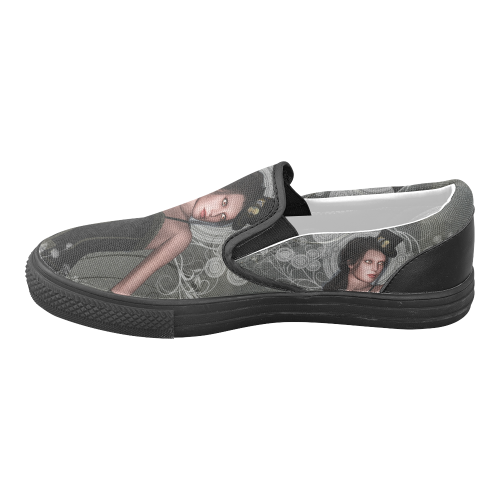 The dark lady with flowers, victorian Women's Unusual Slip-on Canvas Shoes (Model 019)