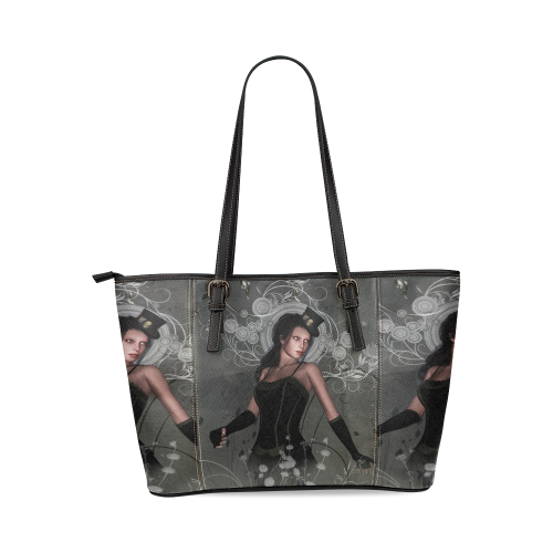 The dark lady with flowers, victorian Leather Tote Bag/Small (Model 1640)