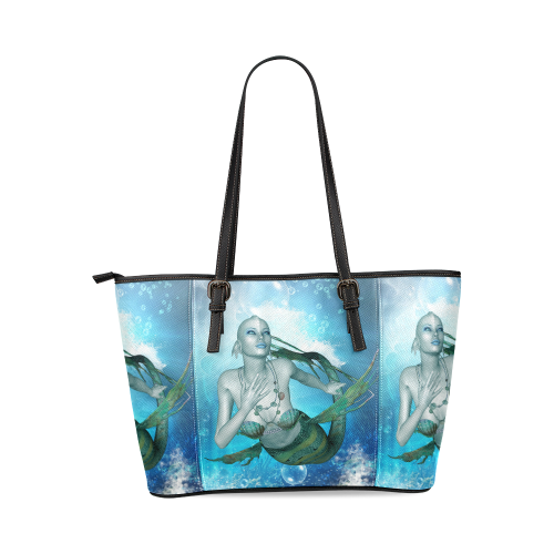 Wonderful mermaid in blue colors Leather Tote Bag/Large (Model 1640)