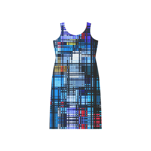 Mostly Blue Modern Abstract Phaedra Sleeveless Open Fork Long Dress (Model D08)