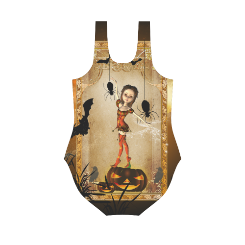 Halloween, cute girl with spiders and pumpkin Vest One Piece Swimsuit (Model S04)